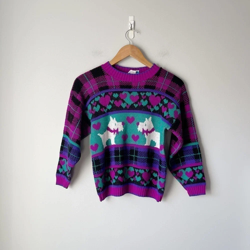 Vintage Girl's Purple Teal Schnauzer Dog Acrylic Pullover Sweater Size 14/16
